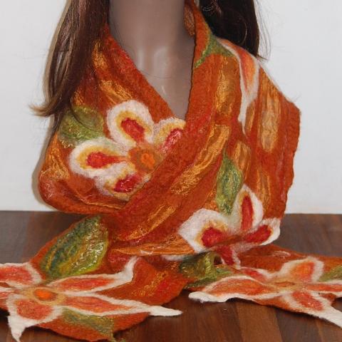 Nuno Felt Silk Wrap - Flower Detail (Burnt Orange)