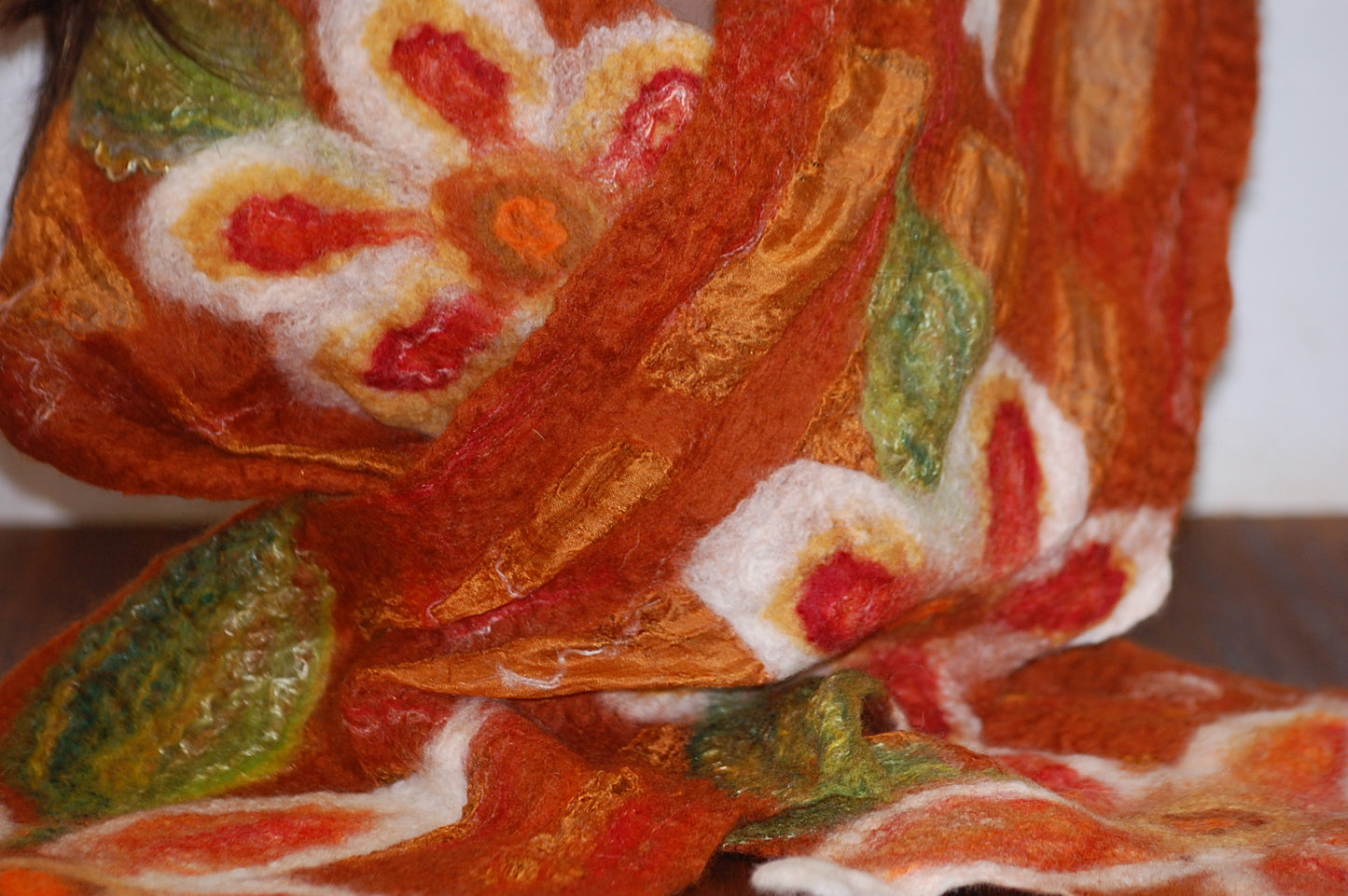 Nuno Felt Silk Wrap - Flower Detail (Burnt Orange)