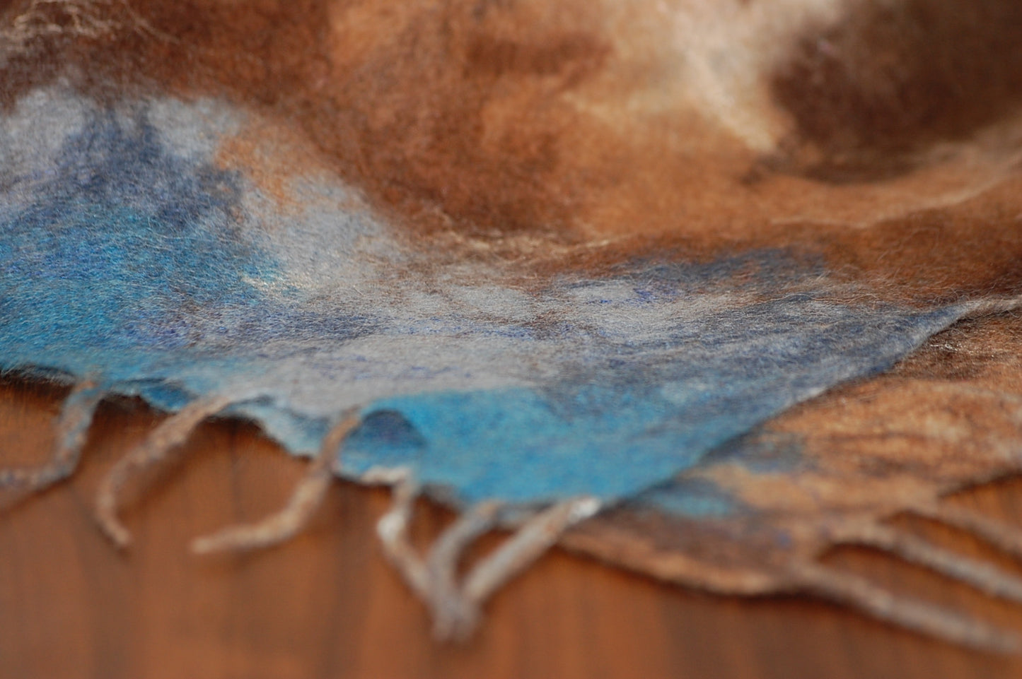 Large Felt Silk Scarf - Blue, Brown & Cream